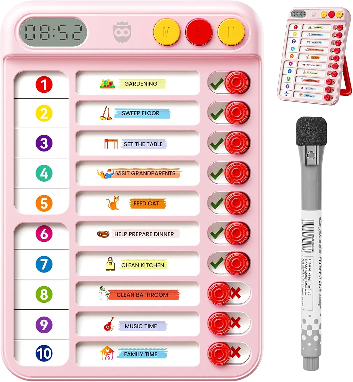 Chore Chart for Kids with Timer, 21 PCS Checklist Magnetic Schedule Board, ADHD Tools with 99-Min Countup/Down Visual Timer, Bedtime/Morning/Daily Routine Chart Dry Erase to Do List with Slider(White)
