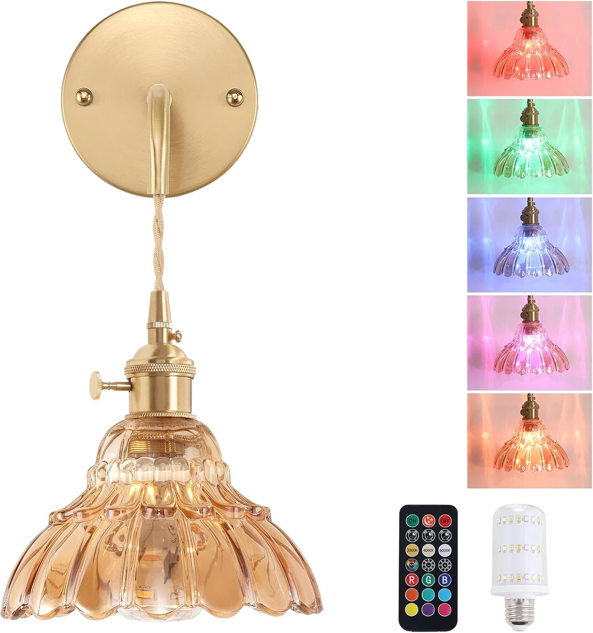 Shenmoyl Battery Operated Wall Sconce Wall Lamp with Green Lily of the Valley Shade Pattern Glass Adjustable Chain Retro Gold Wall Mounted Light, Modern Wall Lamp Fixtures Decor for Bedside Bedroom