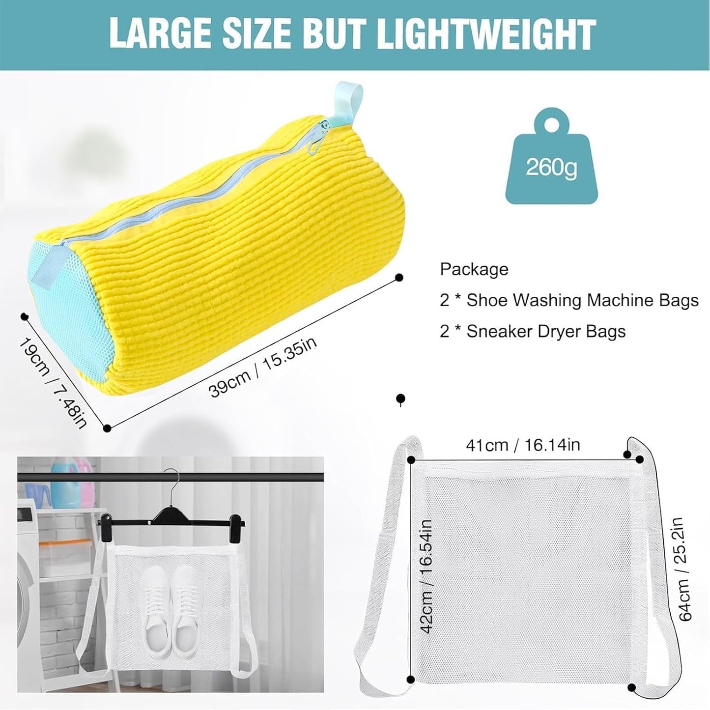 Shoe Washing Machine Bag, Shoe Laundry Bag for Washer and Dryer | 2 Pack Shoe Cleaning Bag for Sneakers & Tennis Shoes, XXL Size, Shoe Protection, Dry Bags, Zipper Hook, Travel & Dorm Storage