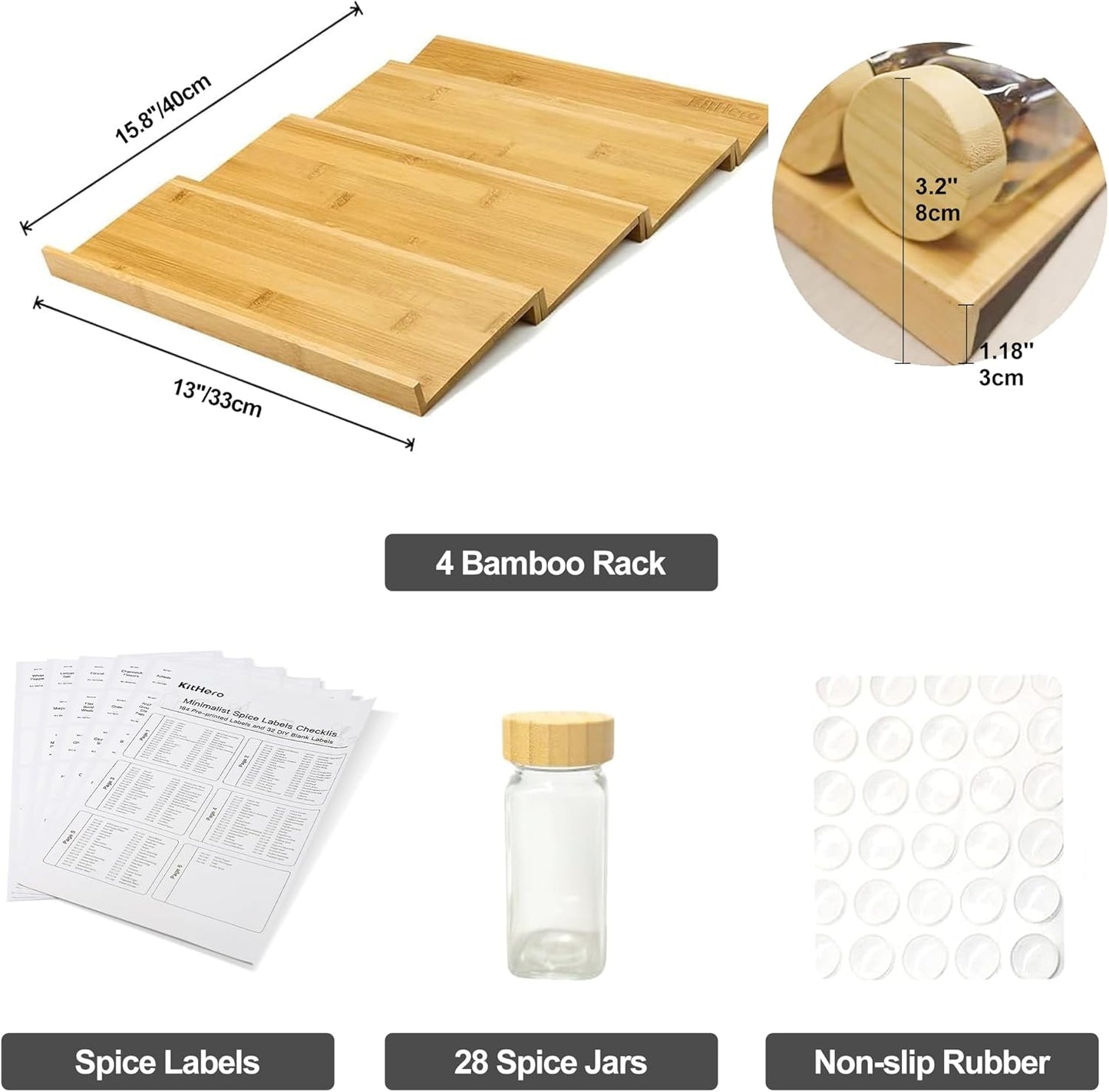 Spice Drawer Organzier,4 Tiers Bamboo Spice Rack Tray Insert for Cabinet Drawer Countertop, Kitchen Seasoning Storage Drawer Organization,14.57" Wide x 15.8" Deep （Hold UP To 32 Jars