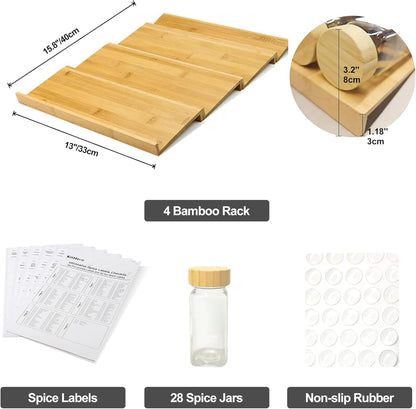 Spice Drawer Organzier,4 Tiers Bamboo Spice Rack Tray Insert for Cabinet Drawer Countertop, Kitchen Seasoning Storage Drawer Organization,14.57" Wide x 15.8" Deep （Hold UP To 32 Jars