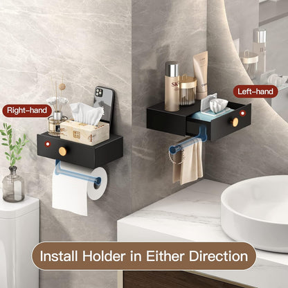 VOLDRA Toilet Paper Holder with Shelf Black Wipes Dispenser for Bathroom Toilet Paper Holder with Storage Upgrade Drawer Design Toilet Tissue Holder Adhesive Small Bathroom Shelf Wall Mount