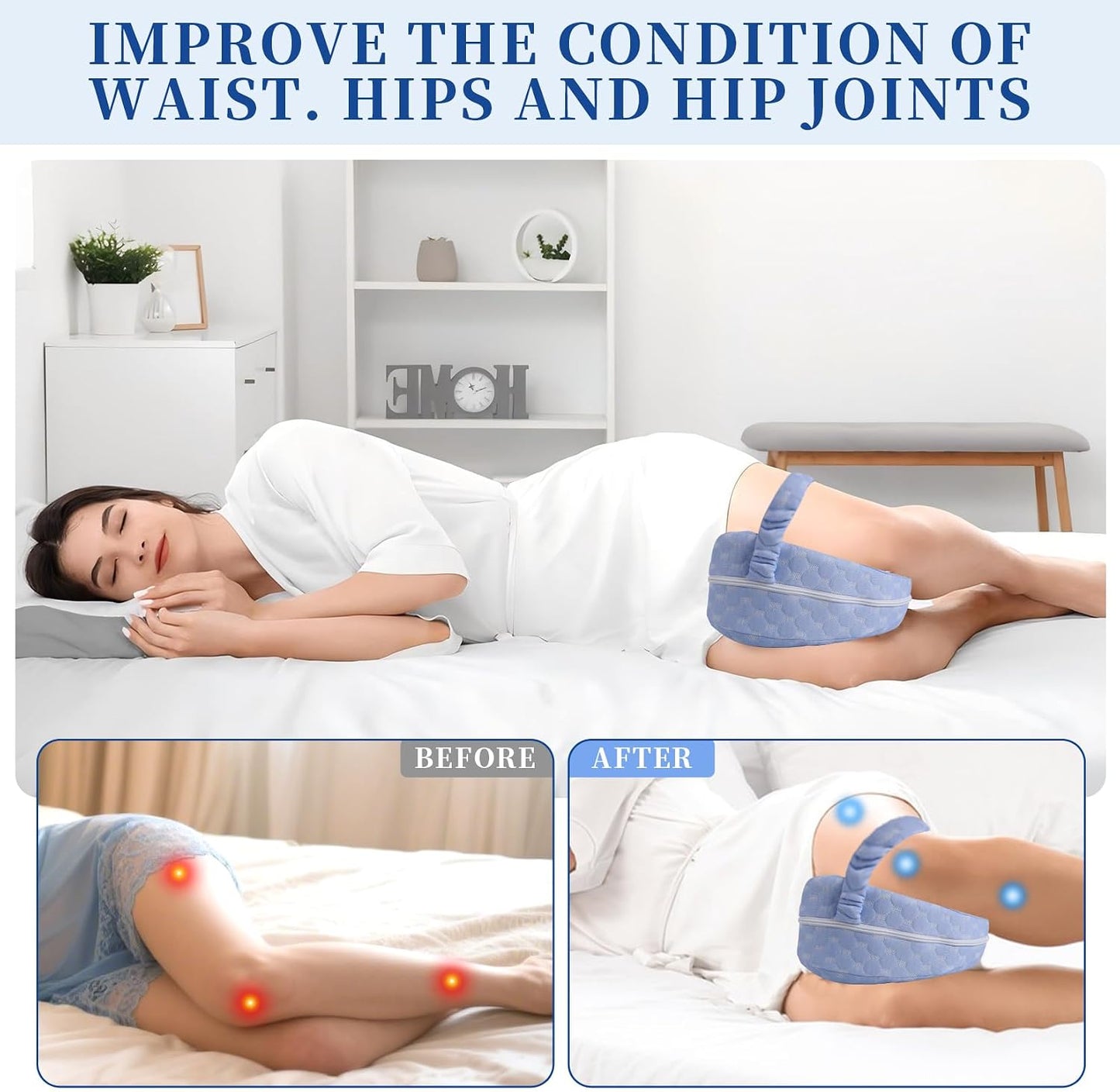 Knee Pillow for Side Sleepers - Sciatica, Hip & Back Pain Relief Pillow with Adjustable Strap, Memory Foam Leg Pillow for Side Sleeping, Spine Alignment Support for Pregnancy, Post-Surgery (Sky Blue)