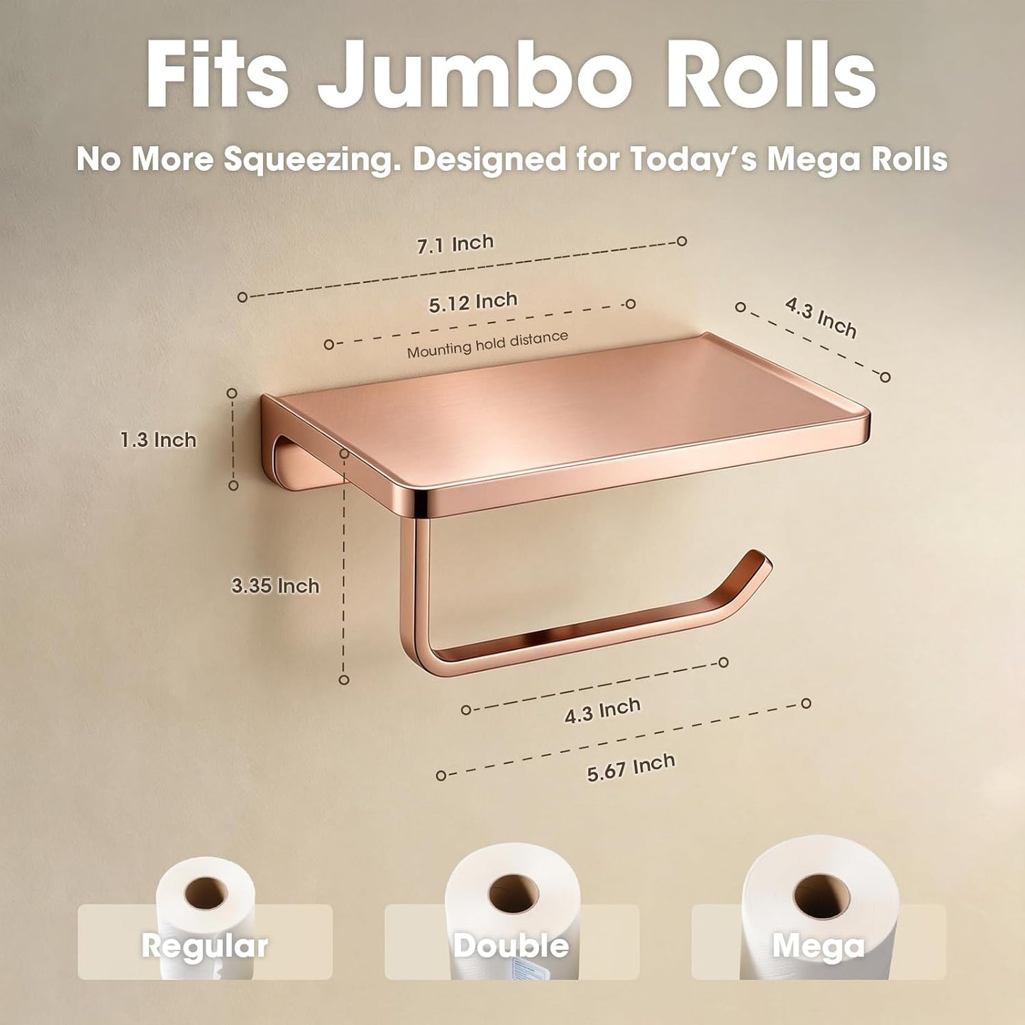 TRUSTMI Toilet Paper Holder with Phone Shelf, Zinc Alloy, Brushed Gold | Solid zinc alloy holder holds 15 lbs and fits jumbo rolls. Shelf stores phones and wipes for easy bathroom organization