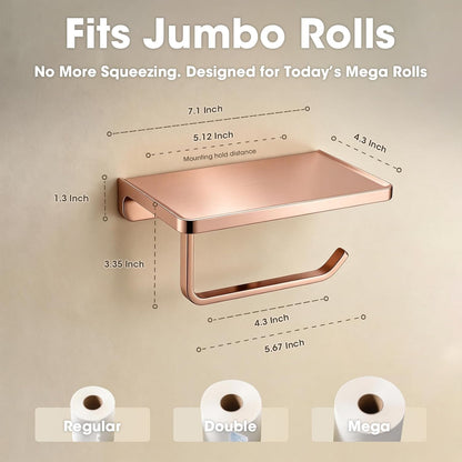 TRUSTMI Toilet Paper Holder with Phone Shelf, Zinc Alloy, Brushed Gold | Solid zinc alloy holder holds 15 lbs and fits jumbo rolls. Shelf stores phones and wipes for easy bathroom organization