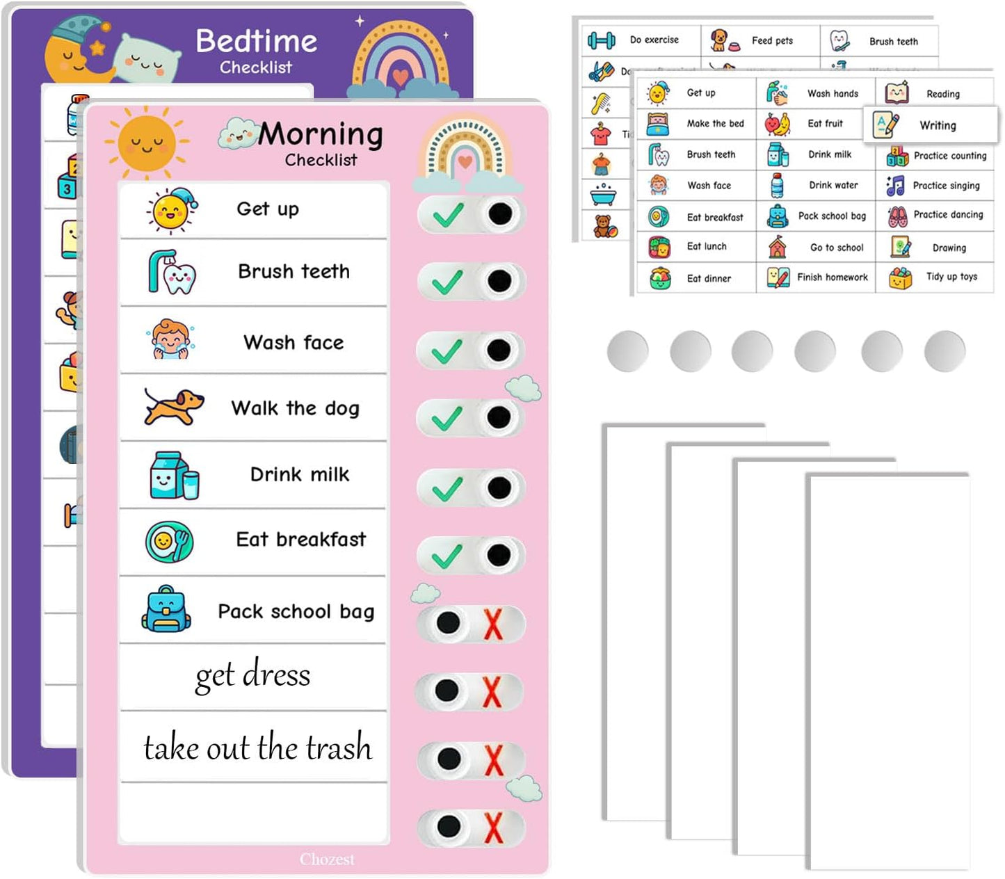 2PCS Magnetic Visual Chore Chart for Kids, Schedule Checklist for Kids, Kids to Do Task (1 Morning Checklist Boards, 1 Bedtime Checklist Boards) (Pink)