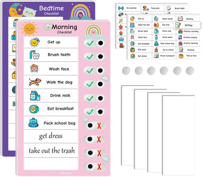2PCS Magnetic Visual Chore Chart for Kids, Schedule Checklist for Kids, Kids to Do Task (1 Morning Checklist Boards, 1 Bedtime Checklist Boards) (Pink)