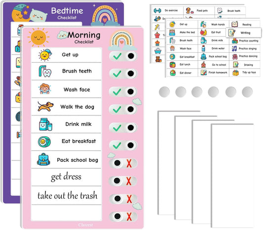 2PCS Magnetic Visual Chore Chart for Kids, Schedule Checklist for Kids, Kids to Do Task (1 Morning Checklist Boards, 1 Bedtime Checklist Boards) (Pink)
