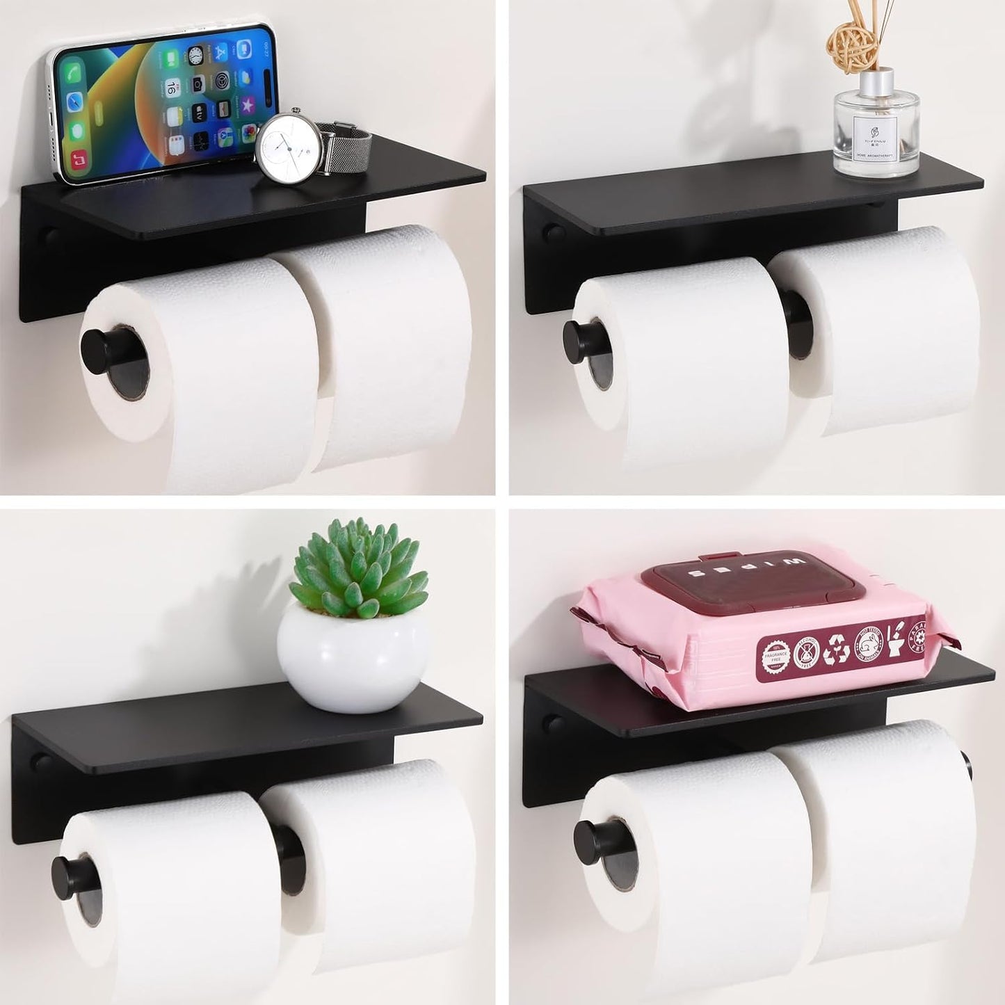 Toilet Paper Holder with Shelf, Adhesive or Screw Wall Mount Toilet Roll Holder for Bathroom, Rustproof Solid Aluminum Commercial Toilet Tissue Holder with Storage, Brushed Nickel