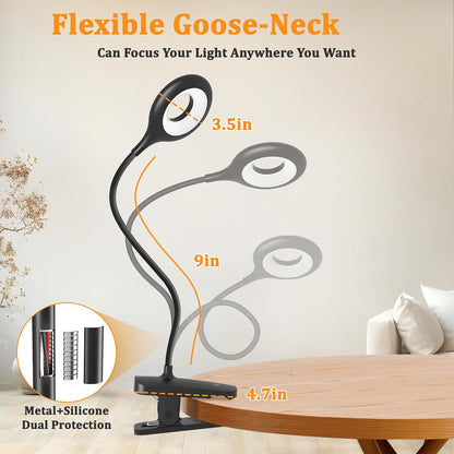 Rechargeable Clip Light, LED Bed Reading Lamp for Headboard & Desk | Strong Clamp, Portable, Cordless Battery Book Light w/ USB-C Cable, 25 Eye-Care Lighting Modes, Flexible Arm, Dorm Bunk Bed