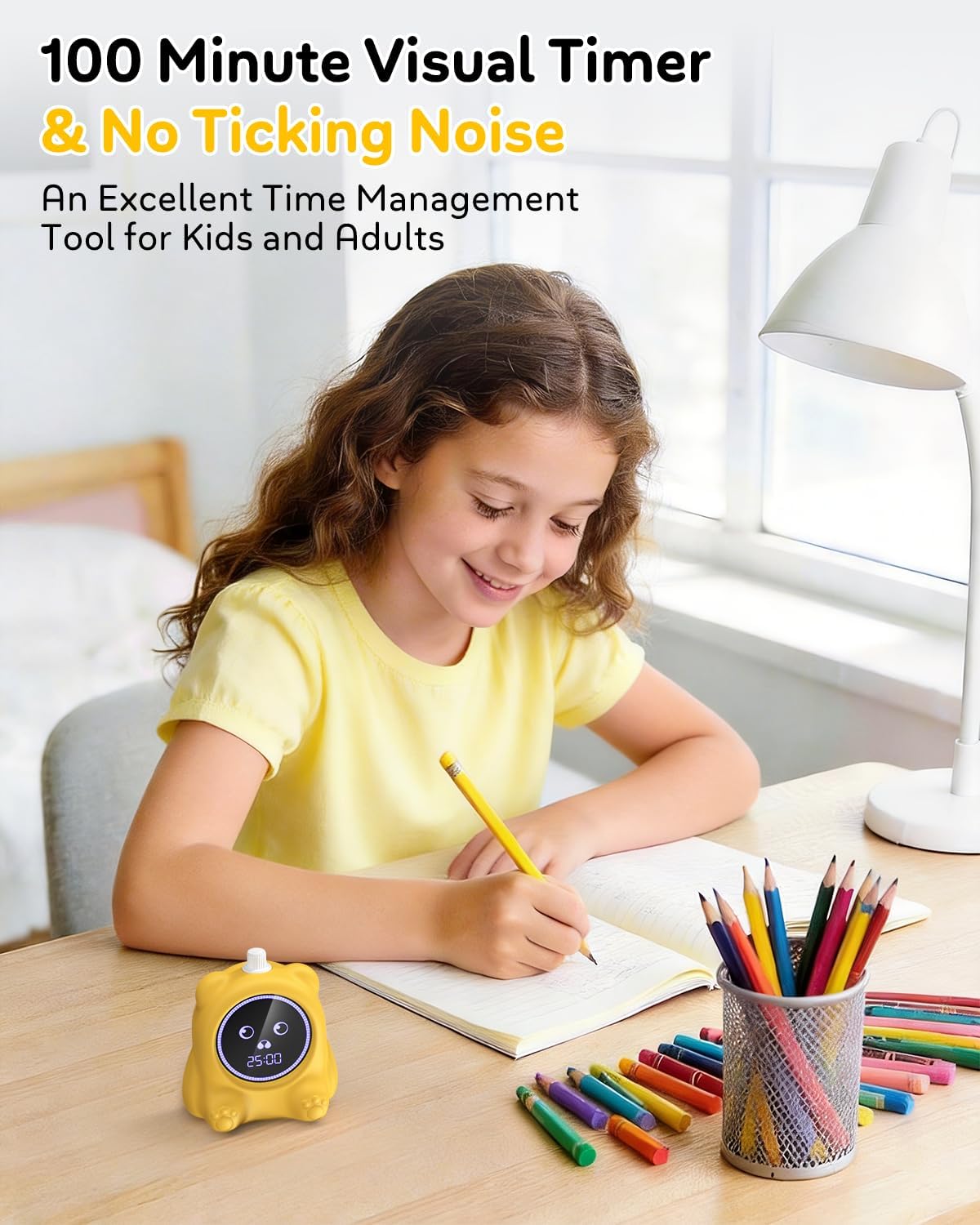 Visual Timer for Kids, 100 Min, Rechargeable Countdown Timers, Adjustable Sound Alert, Adjustable Brightness, Productivity Timers for ADHD, Silent Operation, Desk Time Management Tool for Toddler