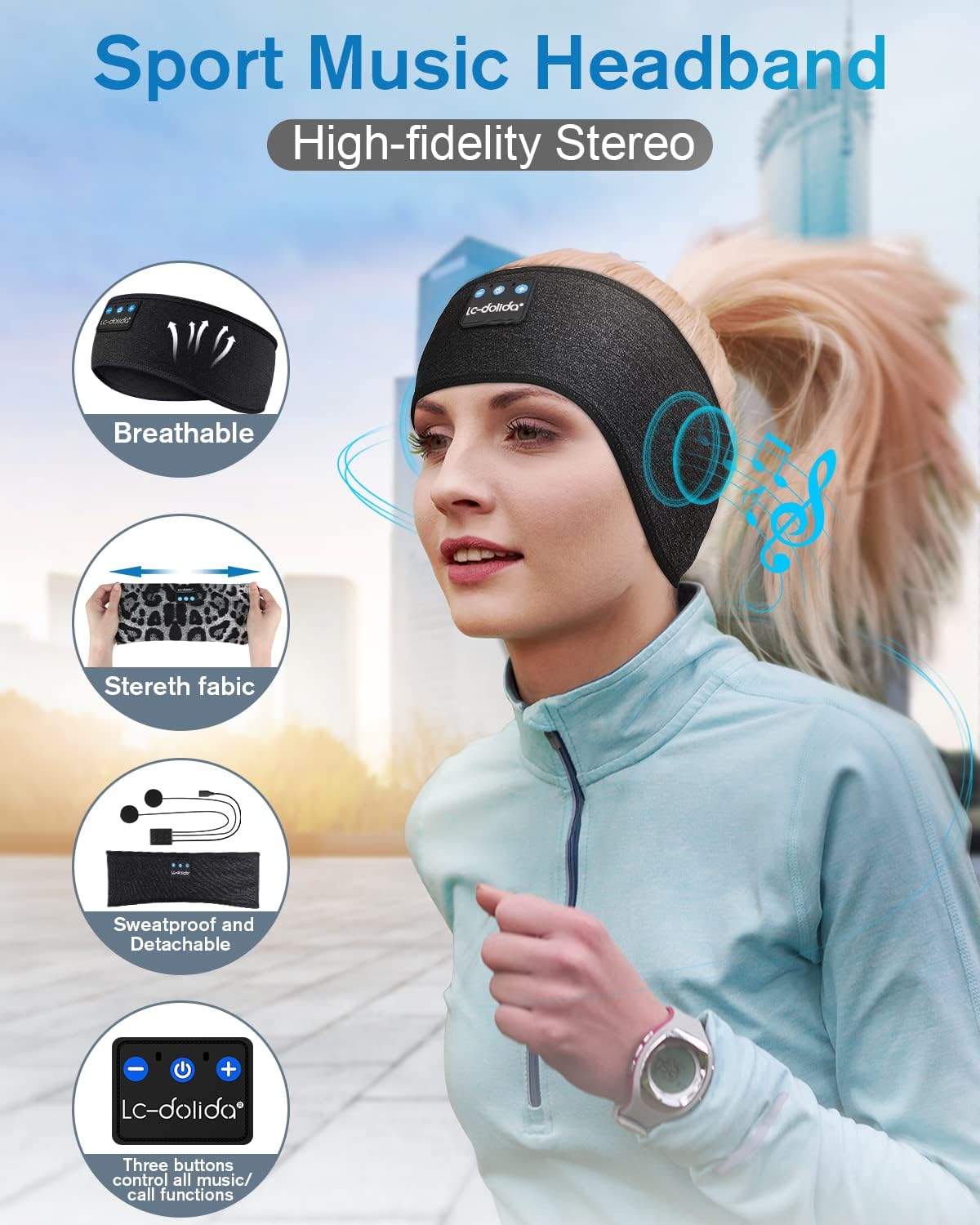 LC-dolida Sleep Headphones Bluetooth Headband Sleeping Wireless Headband Headphones with Thin HD Stereo Speakers Perfect for Side Sleepers, Sport, Yoga, Travel