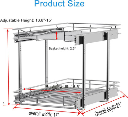 DINDON 2 Tier Pull Out Cabinet Organizer (20" W X 21" D), Double Tier Wire Basket Slide Out Shelf Storage for Kitchen Base Cabinet Organization for Kitchen, Pantry, Bathroom, Chrome