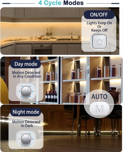 Motion Sensor Led Light Strip - with UL FCC Plug Adapter, Multi-Functional Controller, Dimmer, Timer, Under Cabinet Lights for Indoor Kitchen Stair Showcase Bedroom Corridor Counter 16.4ft Warm White.