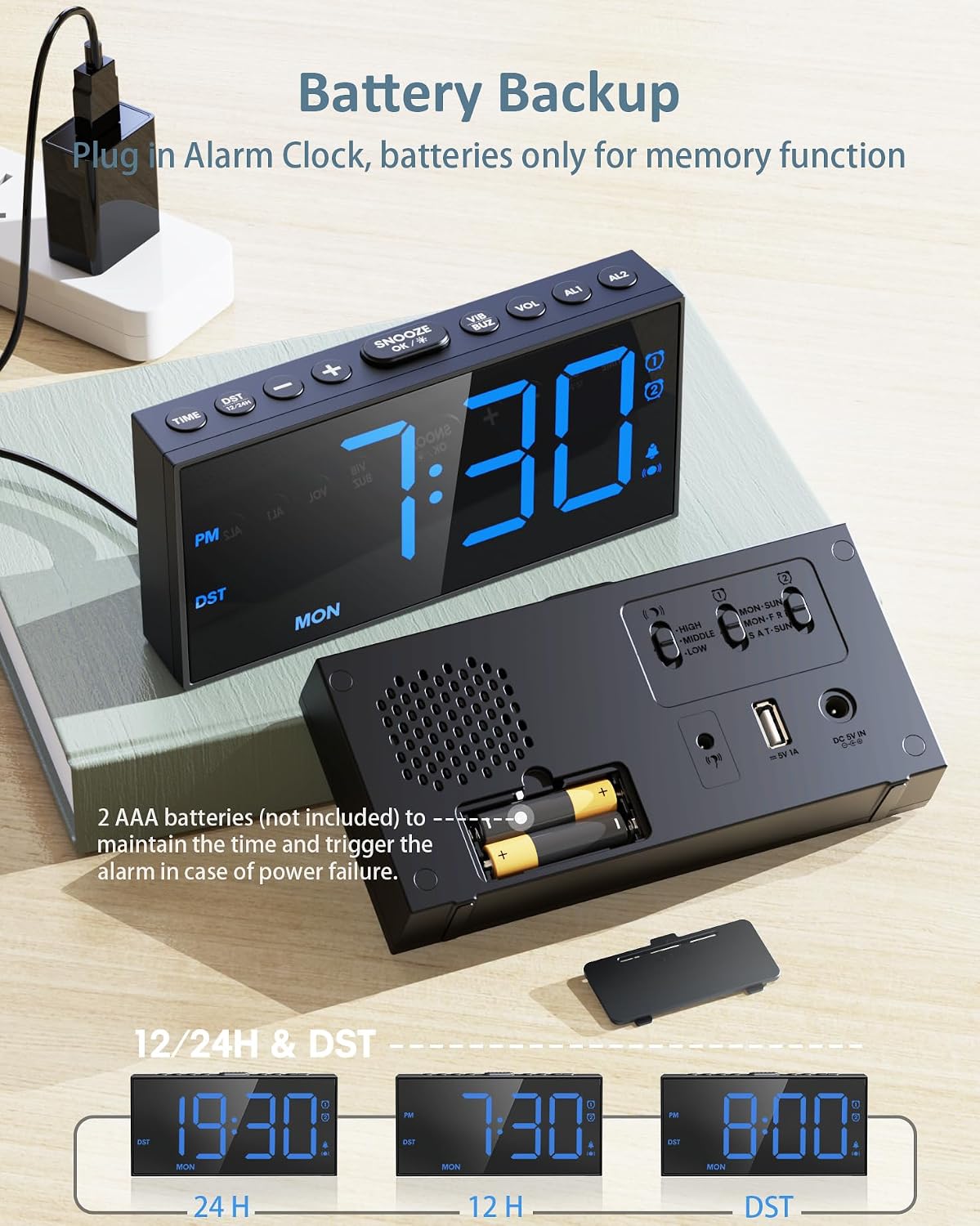 Roxicosly Vibrating Alarm Clock with Bed Shaker for Heavy Sleepers, 3-Level Vibration, Dual Alarms with Weekday & Weekend Mode, Large Digits, Dimmer, Snooze, USB Charger, Battery Backup