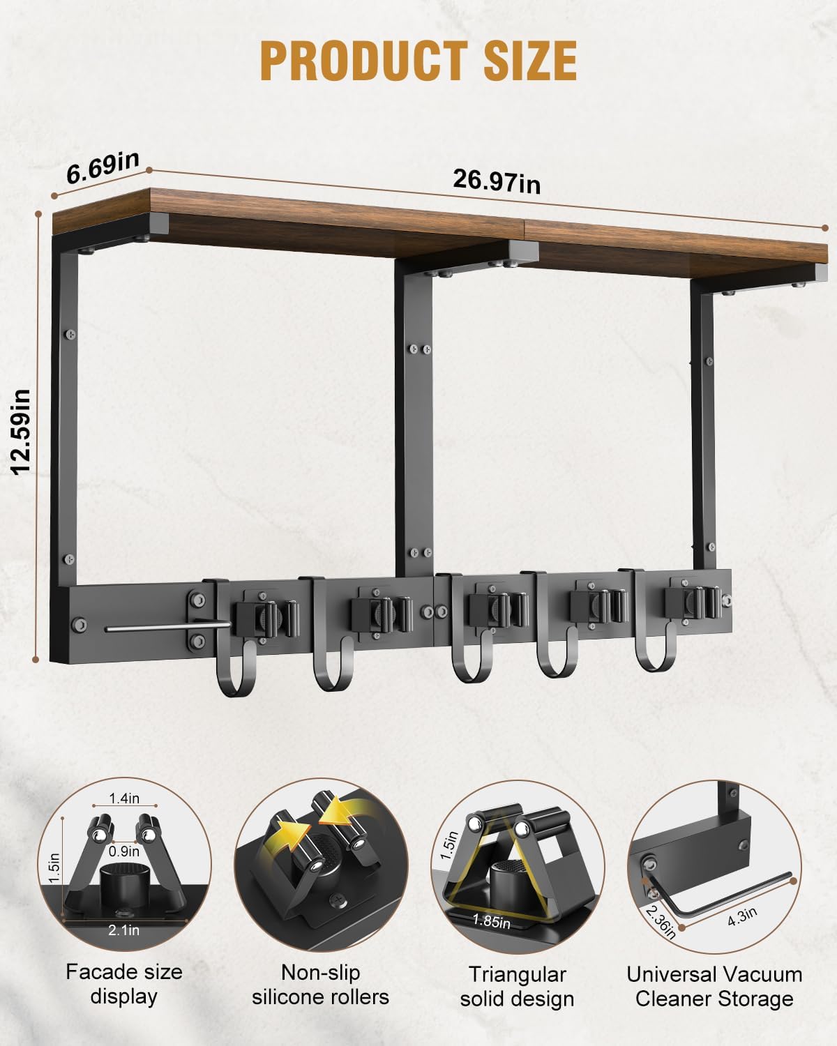 Large Broom Holder Wall Mount with Shelf, Vacuum Organizer, 5 Slots 5 Hooks | Black, 3-In-1 Wall Mount Stores Brooms/Mops/Vacuum, Cleaning Supplies With 5 Grippers/5 Hooks And A Sturdy Wooden Top Shelf