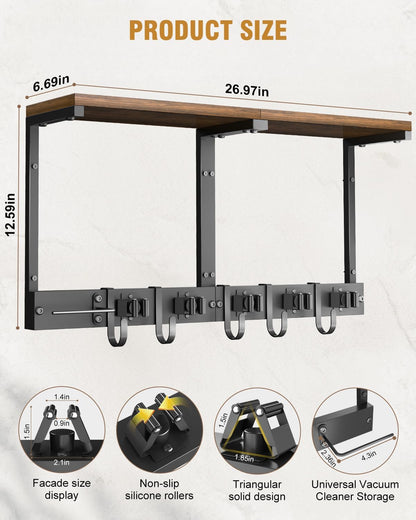 Large Broom Holder Wall Mount with Shelf, Vacuum Organizer, 5 Slots 5 Hooks | Black, 3-In-1 Wall Mount Stores Brooms/Mops/Vacuum, Cleaning Supplies With 5 Grippers/5 Hooks And A Sturdy Wooden Top Shelf