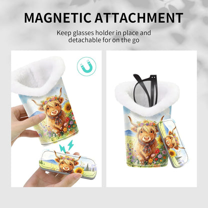 Plush Lined Eyeglasses Holder, Cute Magnetic PU Leather Glasses Stand Case for Women Men Kids