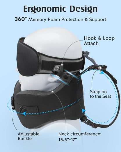 YFONG Travel Pillow with Head Support & Sleep Mask for Long Flights, Black | Patented 360° Support System, Prevents Bobbing, Airplane Head Strap, 3D Eye Mask, Memory Foam Neck Pillow, Travel Essential