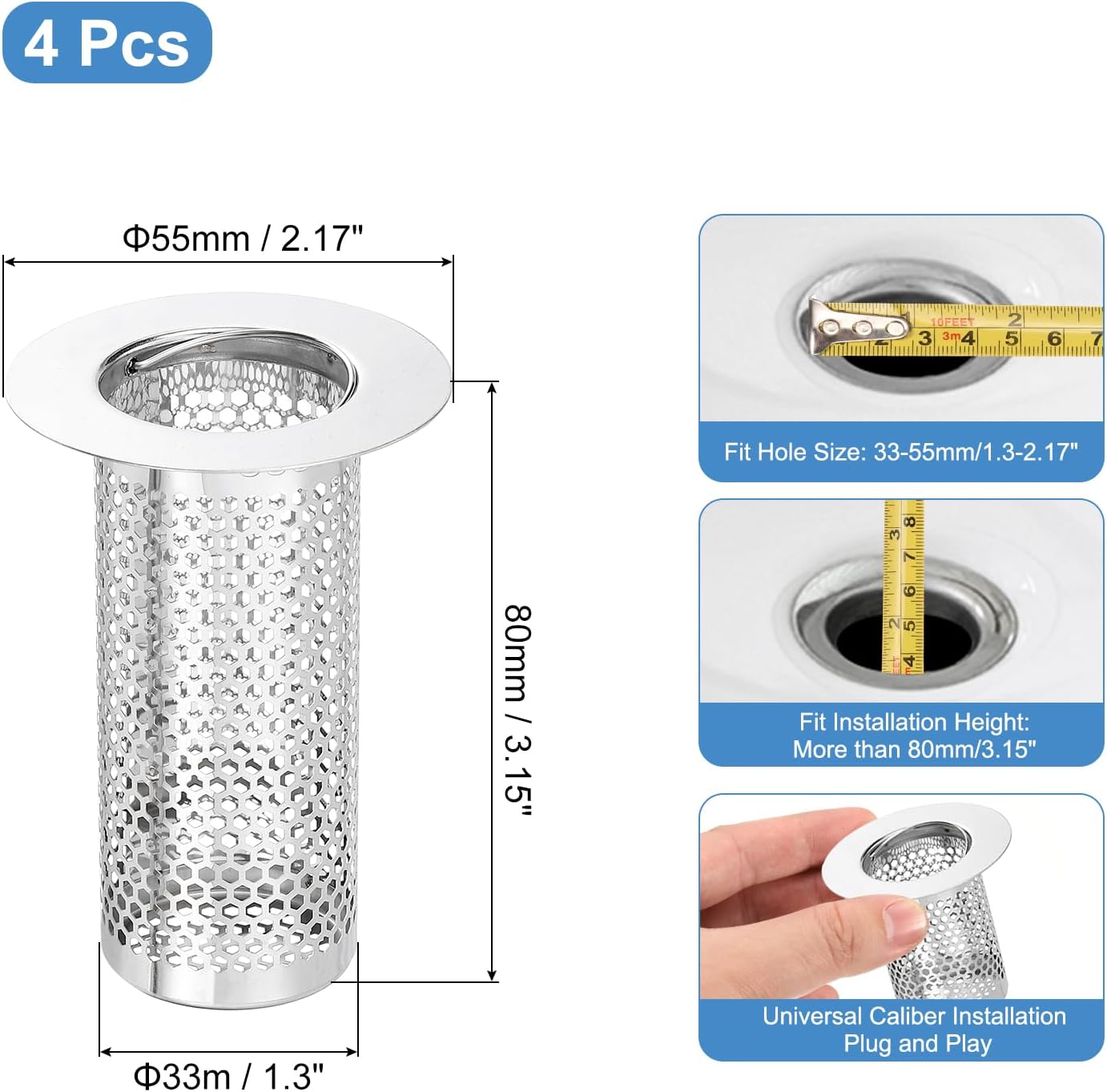 uxcell 2 Pack Shower Drain Strainer, 2" x 2.5" Stainless Steel Floor Drain Strainer Deep Sink Hair Catcher for Kitchen Bathroom Balcony Floor Drain, Fit Hole Size from 1.57" to 2.56"