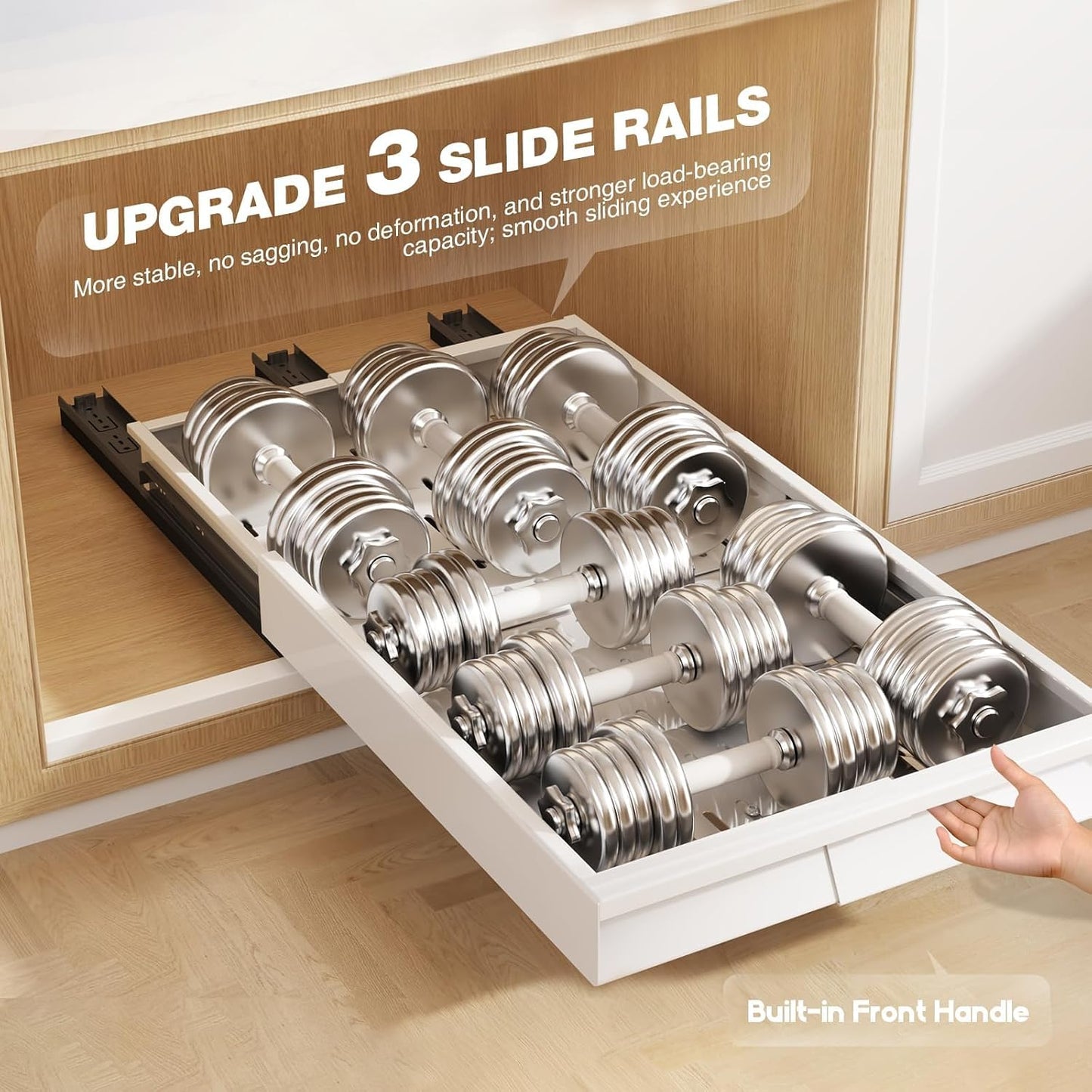 Seinloes Pull Out Cabinet Organizer, 4-Side Expandable to Fit Most Cabinets, 3 Rail Slide Out Drawers with Raising Pad for Framed & Frameless Cabinets, 13"-21" W x 17"-24" D, White, 2 Pack