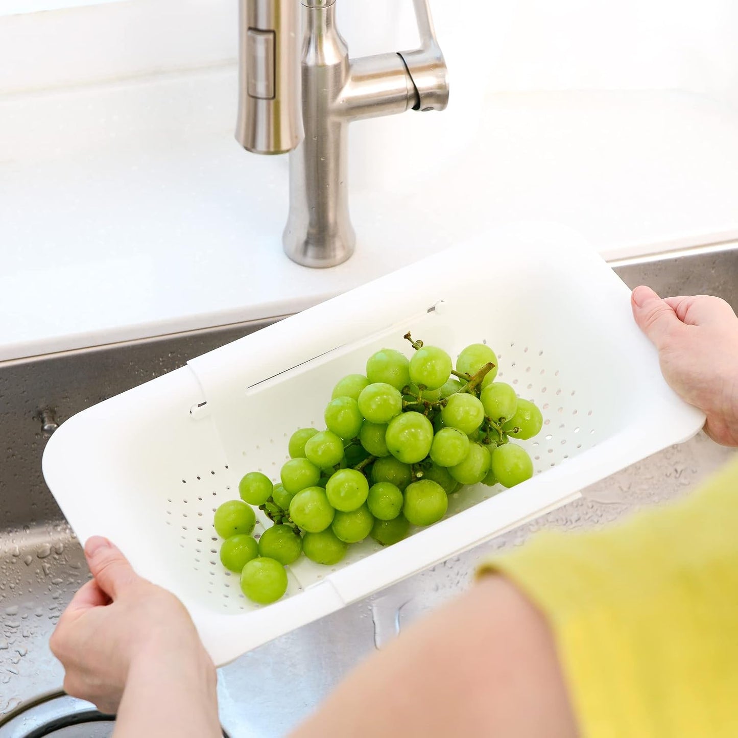 Blue Ginkgo Over Sink Colander, Extendable Kitchen Strainer, Grey | Fits Most Sinks. Rinse, Drain and Dry with Ease.