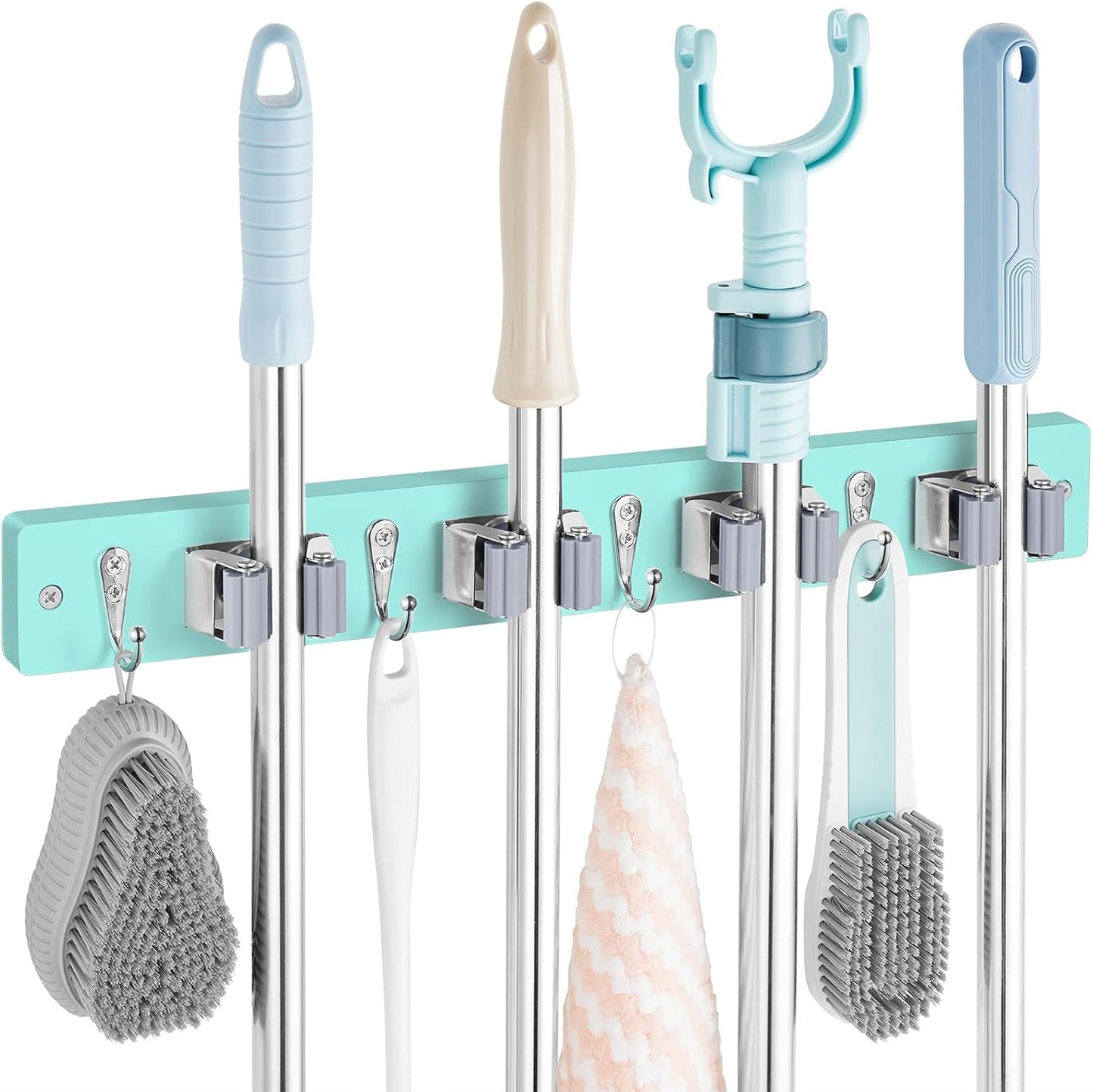 OUTNILI Mop and Broom Holder Wall Mount - Wood Broom Mop Hanger - Wall Mounted Garden Tool Rack Organizer for Closet Garage Laundry Room, Rustic Kitchen Decor With 4 Slots & 4 Hooks