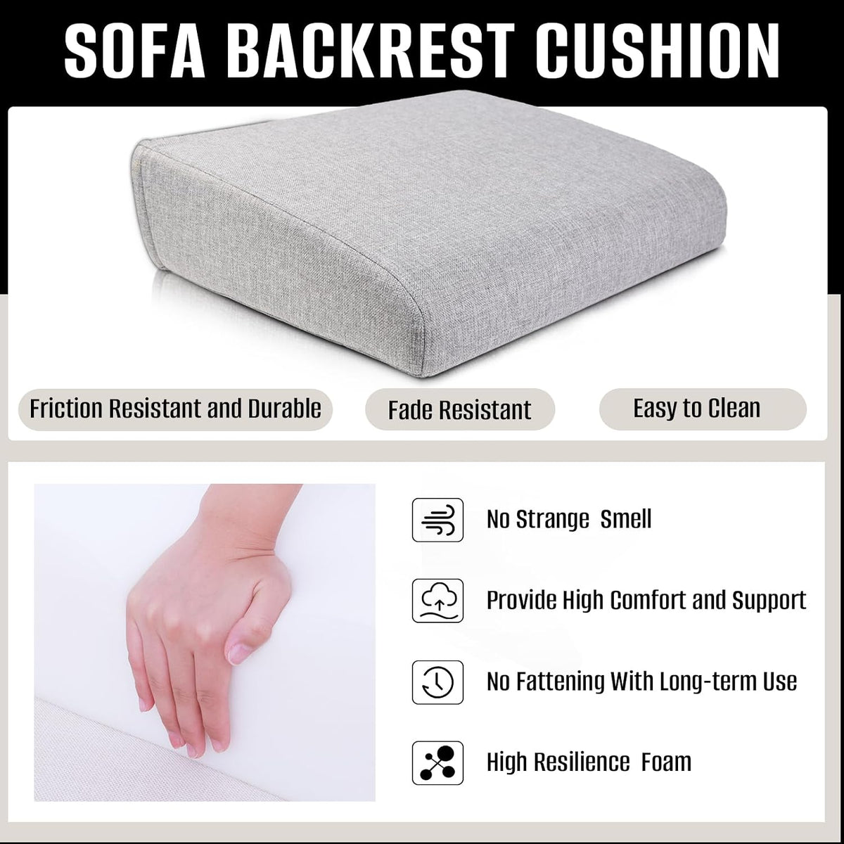 Couch Back Cushions Pillows, Wedge Pillow for Couch & Bed, Back Lumbar Support Pillow, High-Density Foam Backrest Cushion with Linen Cover for Back Pain Relief