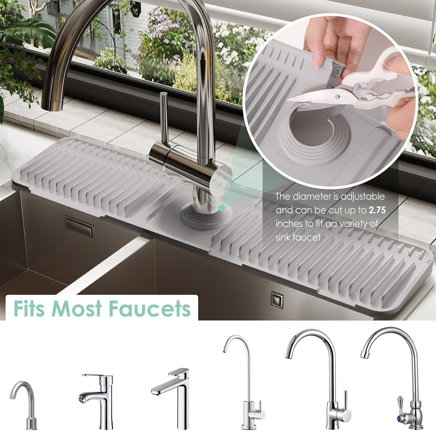 24-Inch Silicone Faucet Mat for Kitchen Sink Splash Guard, 7° Slope | 24"x5.5" water draining mat with fasten button; 1.6-2.75" customizable hole for bathroom, RV & kitchen sink drip catcher.