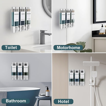 Shampoo Conditioner Shower Soap Dispenser 3 Chamber Wall Mount Black | Refillable. Leakproof 900ml. No-Drill Wall Mount. Soap, Shampoo, Conditioner, Body Wash, Shower Gel, Bathroom Set. BPA-Free.