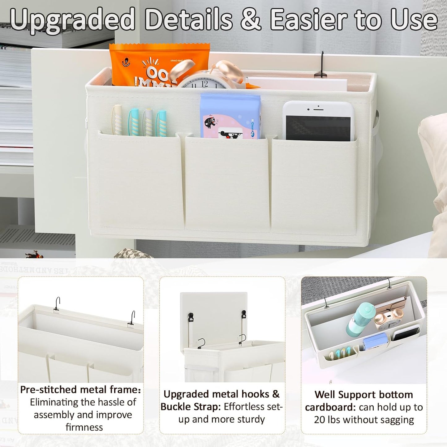 Bedside Caddy Bedside Storage Hanging Organizer for Bunk Dorm Bed Rail | Bed Caddy with Hooks, Top Bunks and Dorm Essentials for Water, Tissues, Tablets, Books, Phones, Remotes and Other Necessories
