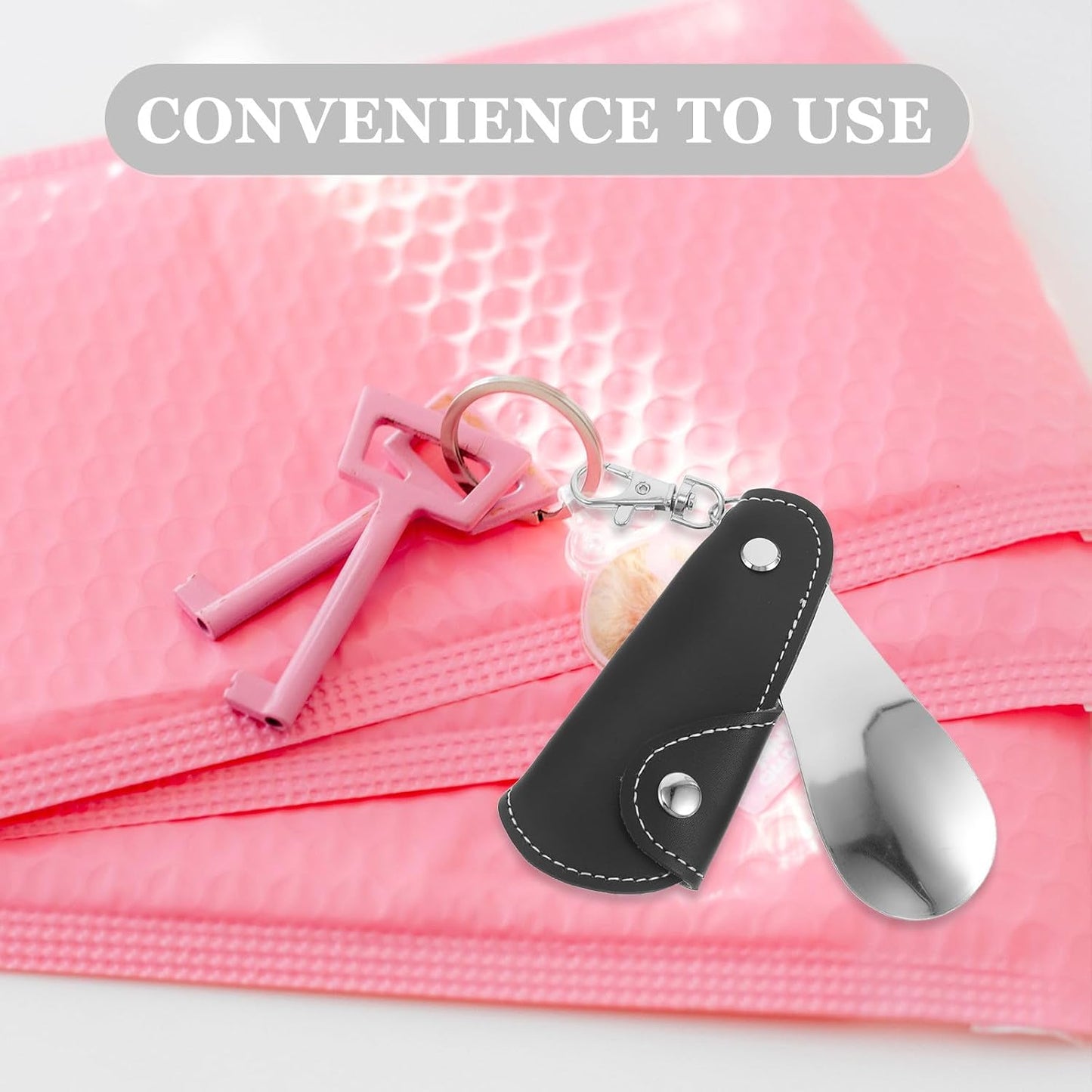 SHINEOFI 2pcs Portable Folding Stainless Steel Shoe Horn Keychain for Travel, Small Metal Shoe Helper for Men and Women, Boot Lifter with Pu Handle, Elegant and Compact Design
