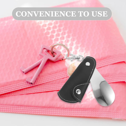 SHINEOFI 2pcs Portable Folding Stainless Steel Shoe Horn Keychain for Travel, Small Metal Shoe Helper for Men and Women, Boot Lifter with Pu Handle, Elegant and Compact Design