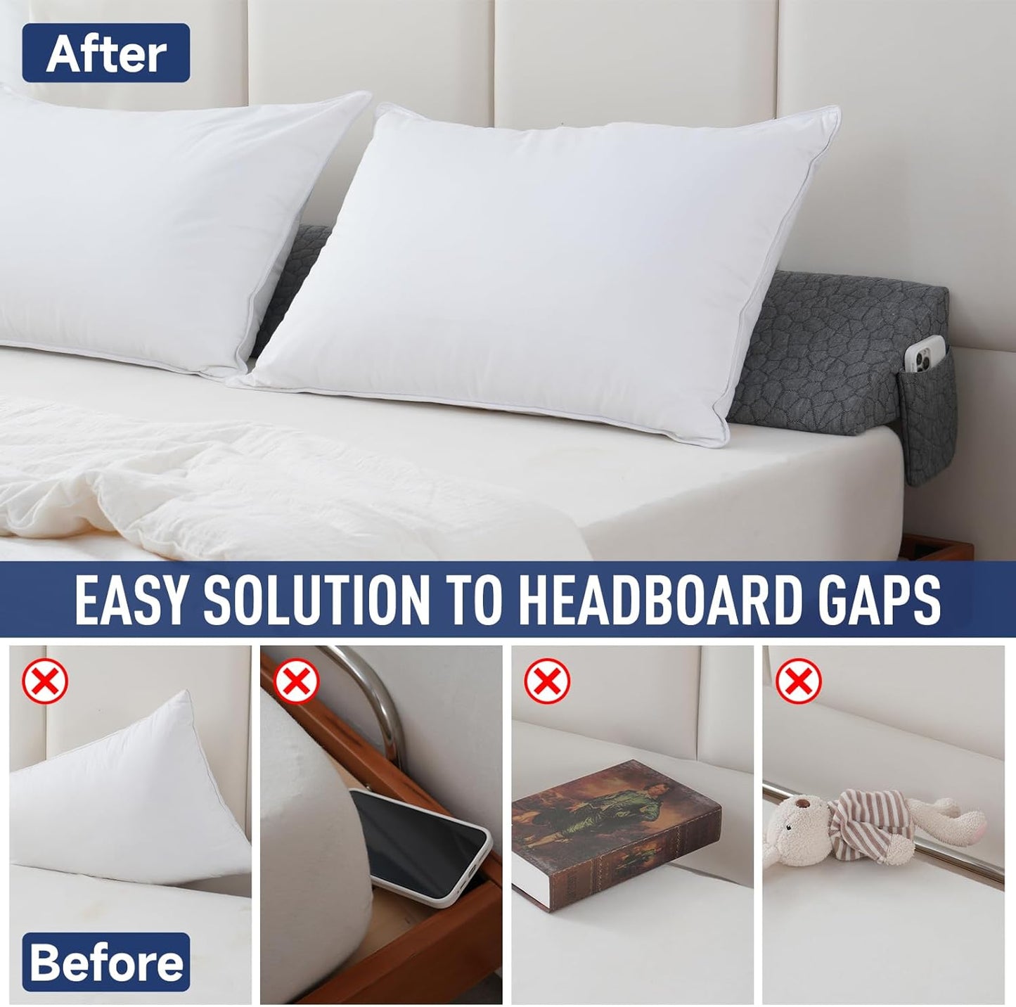 Patented Bed Wedge Pillow for Headboard Gap, Filler Between Mattress Gaps (0-7"), Comfortable Supportive High Density Cushioned Foam Pillows, Stay in Place Gripping Dots, King Soft Gray (76"x10"x6")