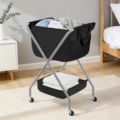 STORAGE MANIAC Collapsible Laundry Cart with Wheels 35.6"H Removable Canvas Bag Rolling Laundry Hamper Clothes Basket with Wheels, Sturdy Steel Frame Folding for Small Narrow Space Easy Storage, Beige