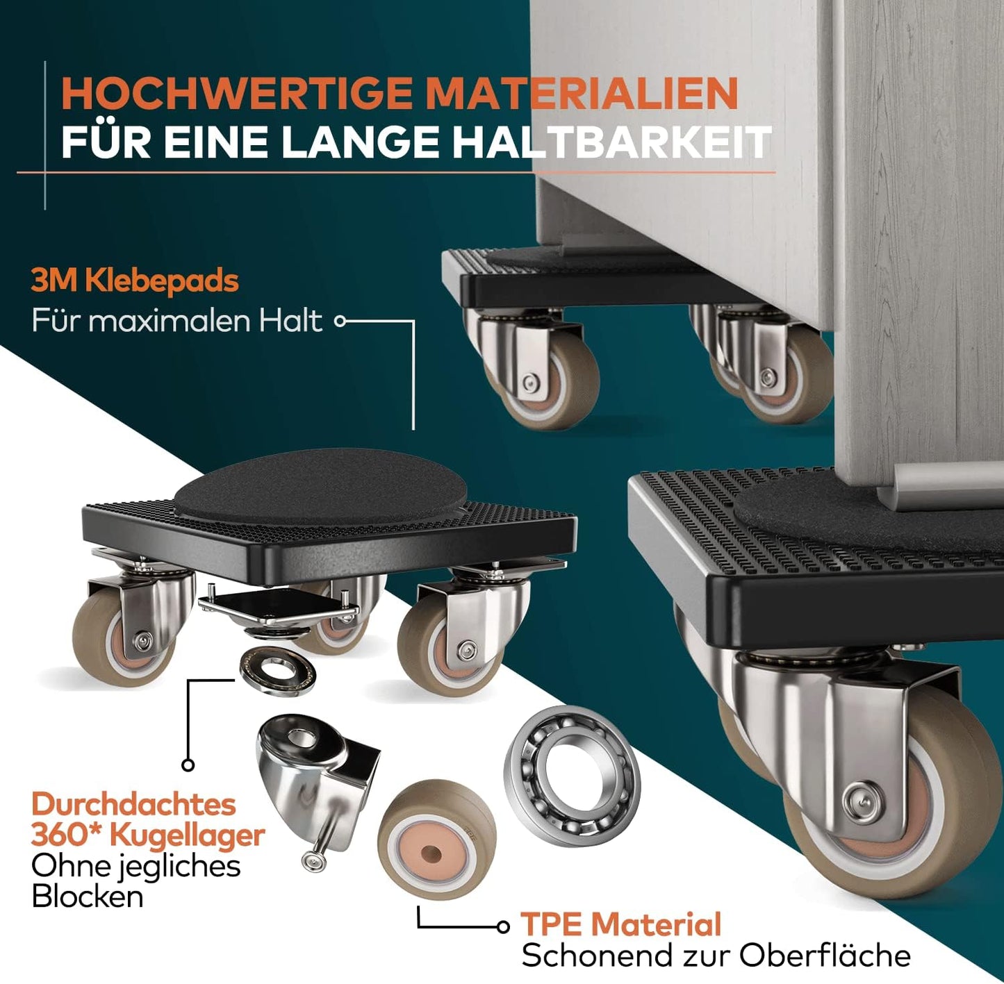 Furniture Lifter Mover Tool Set with Locking Brakes, 4 Wheeled Moving Dollies & 25.6" Lever, 440 lb Capacity, Furniture Moving Kit for Sofa, Cabinet, Bed, Washing Machine & Appliances