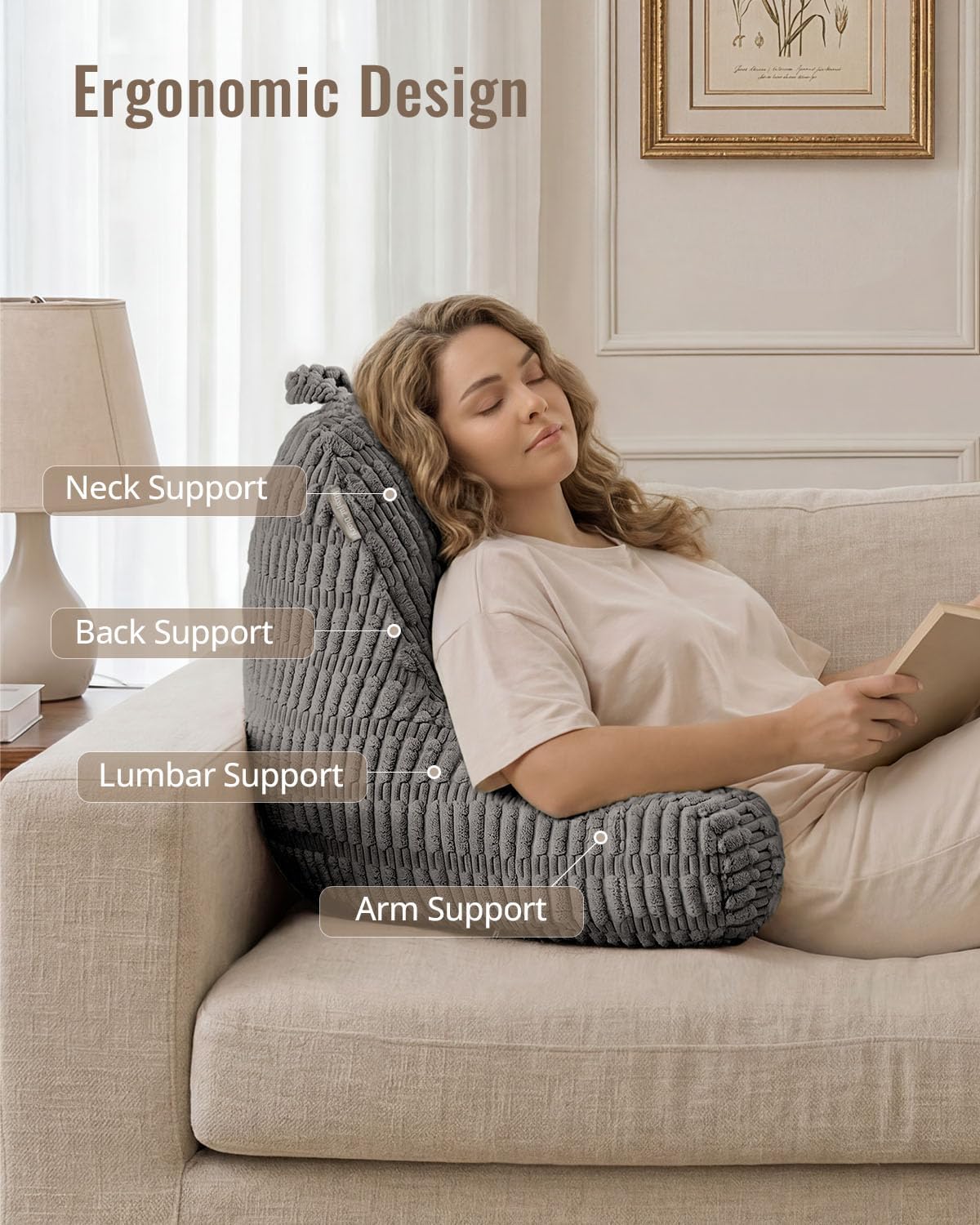 Blissful Diary Reading Pillow, Backrest Pillow with Shredded Memory Foam for Adult & Children, Designed for Bed and Couch Sitting Up, Includes Arms, Pockets and Washable Cover, Off White