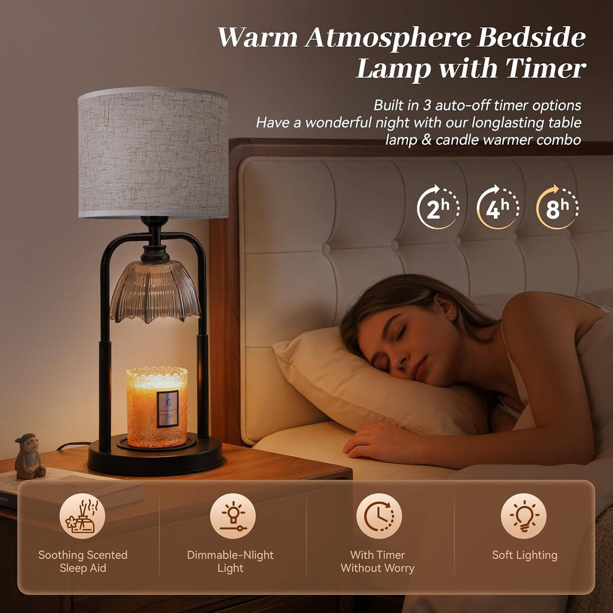 Table Lamp Candle Warmer Flameless 2.5- 6.5in Height Adjustable Timer Dimmer Wax Melt Warmer Lamp for Large 3 Wicks Jar Candles Modern Bedside Lamp for Mothers Day House Warming Home Decor Living Room
