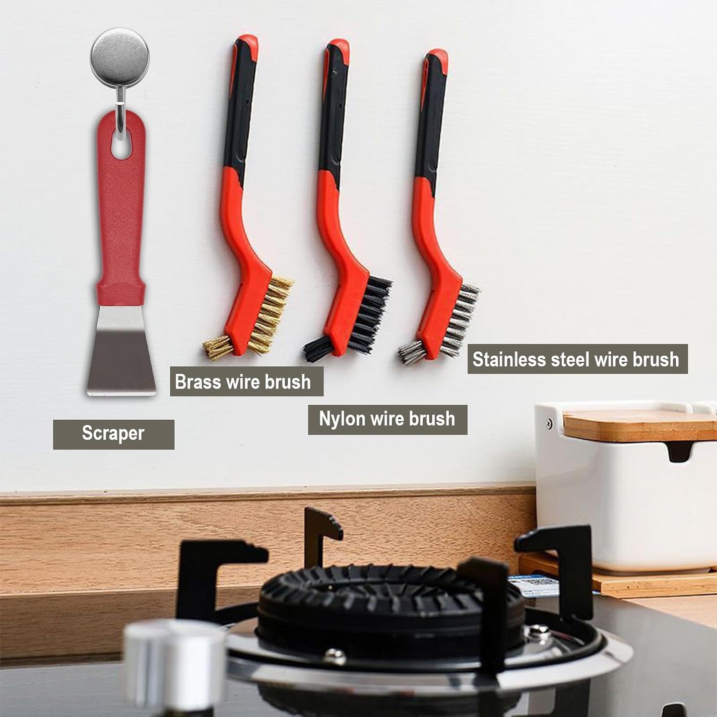 4 Pcs Kitchen Stove Cleaning Brush Set Brass Wire Brushes for Range Hood Grease Grime Heavy Duty Stainless Steel Brushes and Scraper for Gas Burners Cooktop Pot Pan