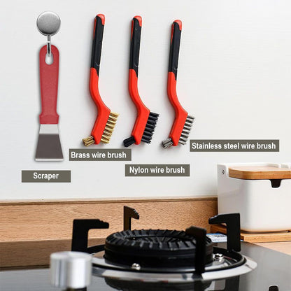 4 Pcs Kitchen Stove Cleaning Brush Set Brass Wire Brushes for Range Hood Grease Grime Heavy Duty Stainless Steel Brushes and Scraper for Gas Burners Cooktop Pot Pan