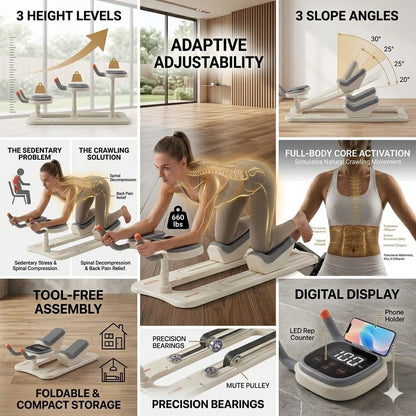 Crawling Training Machine Spine Twist & Stretch Trainer Effective Waist & Spine Workout, 3 Adjustable Height LED Counter 230kg Capacity,Detachable,for Full-Body Workout (Black, 57in)