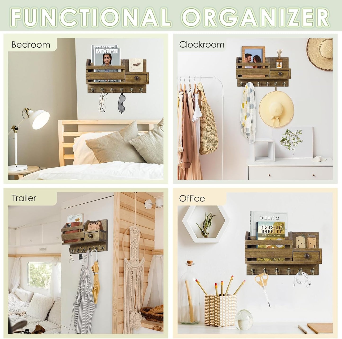 VIS'V Key Holder Wall Mount, Wooden Mail and Key Organizer, White | Contains Little Drawer, Small Shelf, 2 Slots, 6 Hooks, for Entryway, Hallway, Doorway, Kitchen, Garage, RV