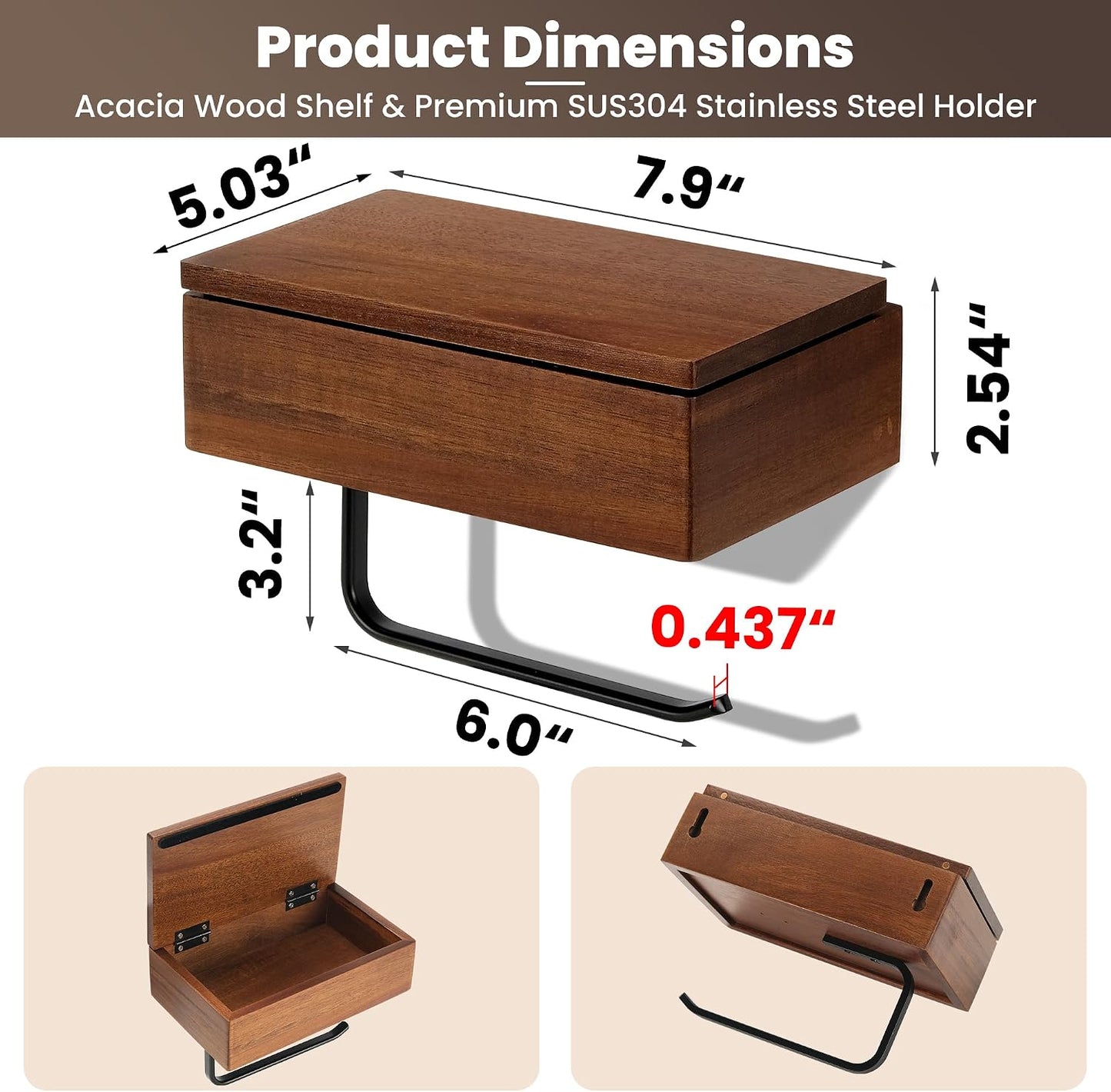 Toilet Paper Holder Walnut Wood Shelf - Wall Mount & Self-Adhesive | Bathroom Tissue Holder, Black Stainless Steel with Walnut Shelf for Phone - Home Apartment Restroom Decor Essentials