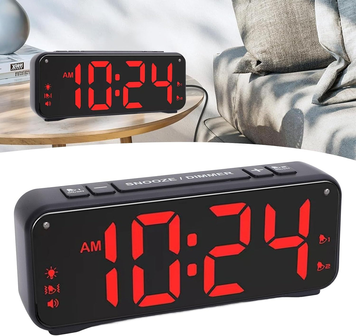 Extra Loud Bed Shaker Alarm Clock - Dual Alarm & Large LED Display