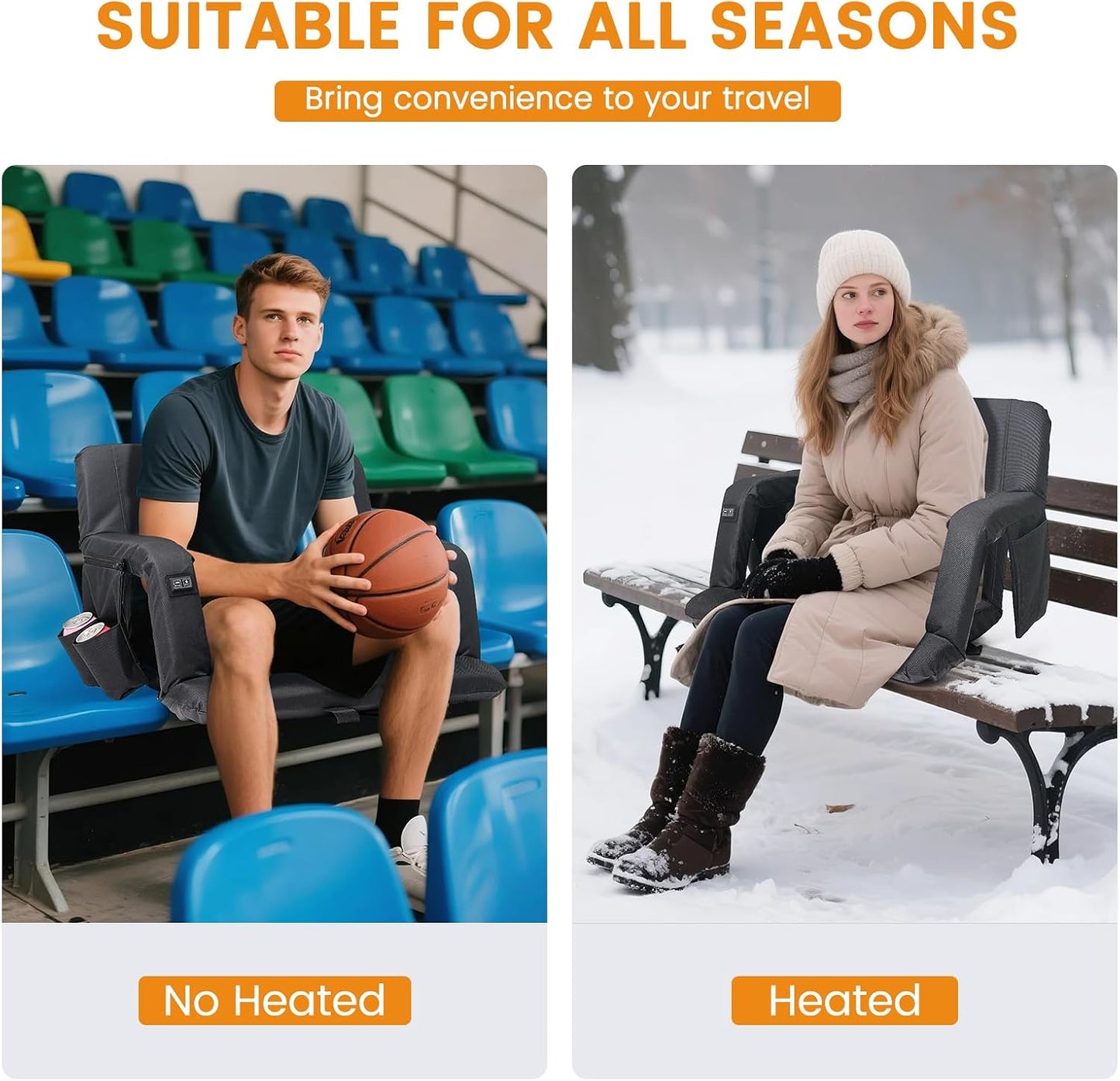 25in 5.12" Extra Thick&Wide Heated Stadium Seat for Bleachers | Sofa Style Design Thick Bleacher Chair With Back and Comfy Cushion, 6 Reclining Positions, 3 Heat Levels (NO Battery)