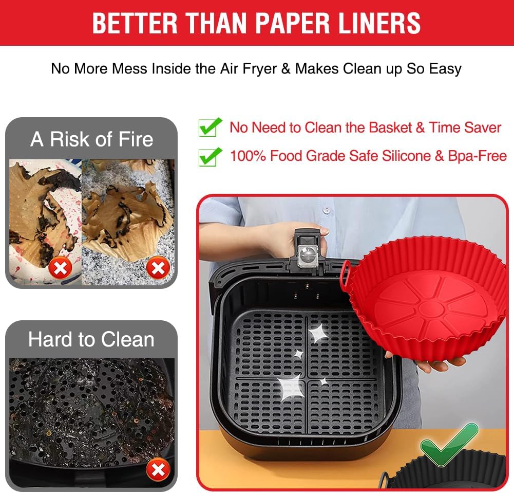 Air Fryer Silicone Liners for Ninja Air Fryer AF101 4 QT AF150 AF161 5.5 QT MAX XL, for COSORI/Gourmia/PowerXL/InstantPot/Philips 4QT and Most 3 to 5 QT Airfryers, Better than Parchment Paper Liners