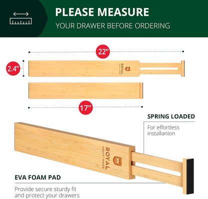 Bamboo Drawer Dividers Organizers, Adjustable Drawer Separator Splitters, 17–22 Inches Expandable Drawer Divider Organizer for Large Utensils, Kitchen, Bedroom, Dresser & Office Drawers 4-Pack