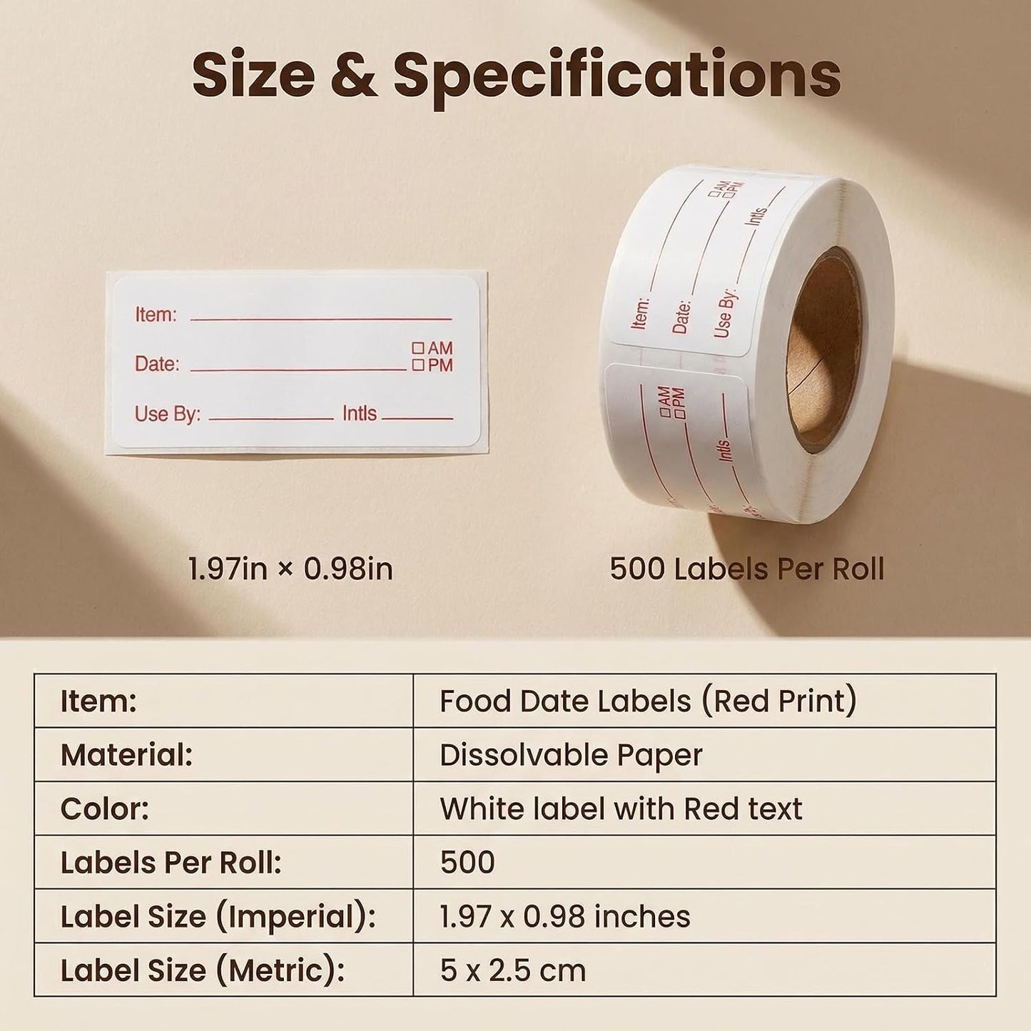 500 Labels/Roll Removable Food Storage Labels, 2 x 1 Inch Easy Write Date Stickers for Freezer, Red Text Pre-Printed Food Labels for Refrigerator Containers, Meal Prep & Kitchen Organization