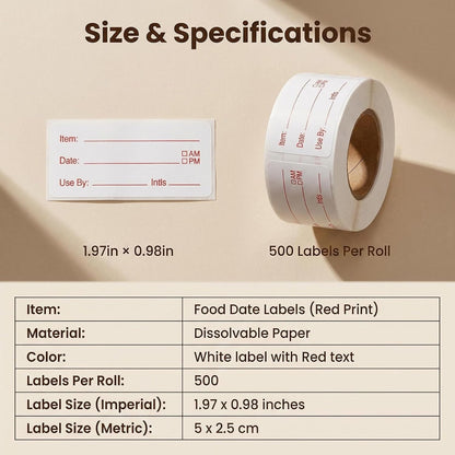 500 Labels/Roll Removable Food Storage Labels, 2 x 1 Inch Easy Write Date Stickers for Freezer, Red Text Pre-Printed Food Labels for Refrigerator Containers, Meal Prep & Kitchen Organization