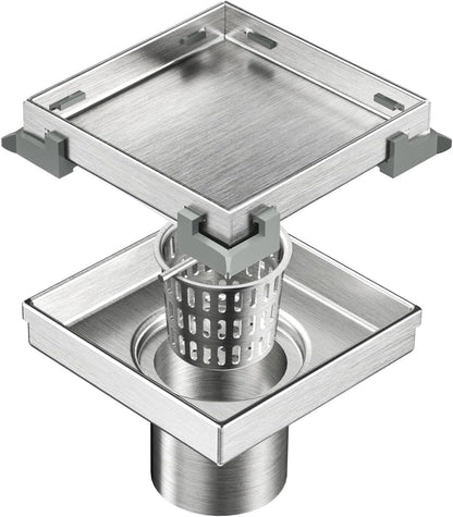 Neodrain 4" Brushed Square Shower Drain with Removable Tile Insert Grate | 304 Stainless Steel Tile Square Drain, Hidden Drain,Easy to Clean, Waterproof & Sturdy Shower Drain, CUPC Certified